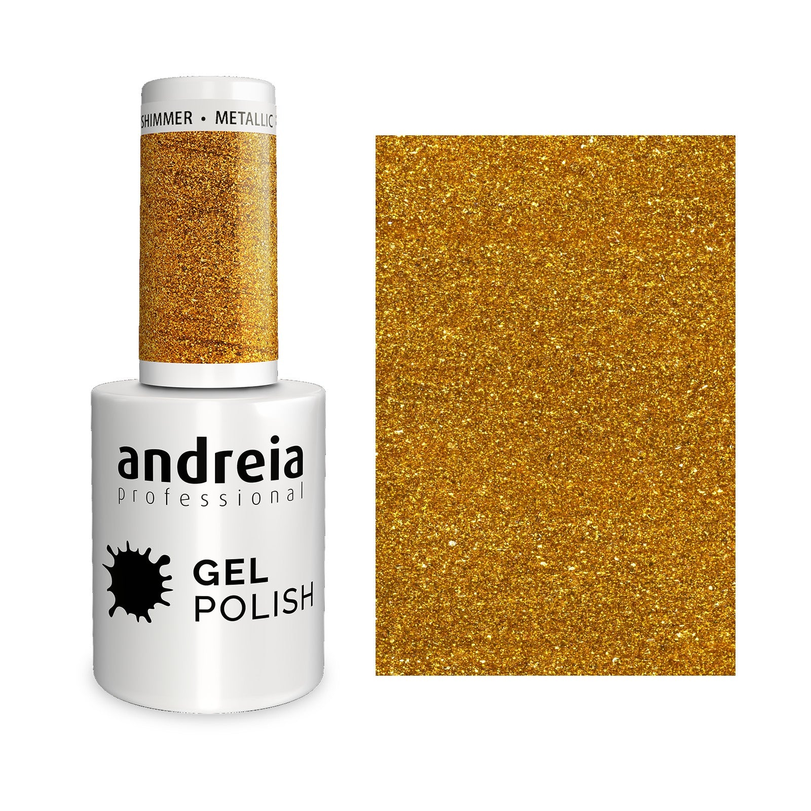 Andreia Gel Polish 281 Glitter Dourado — frasco e cor