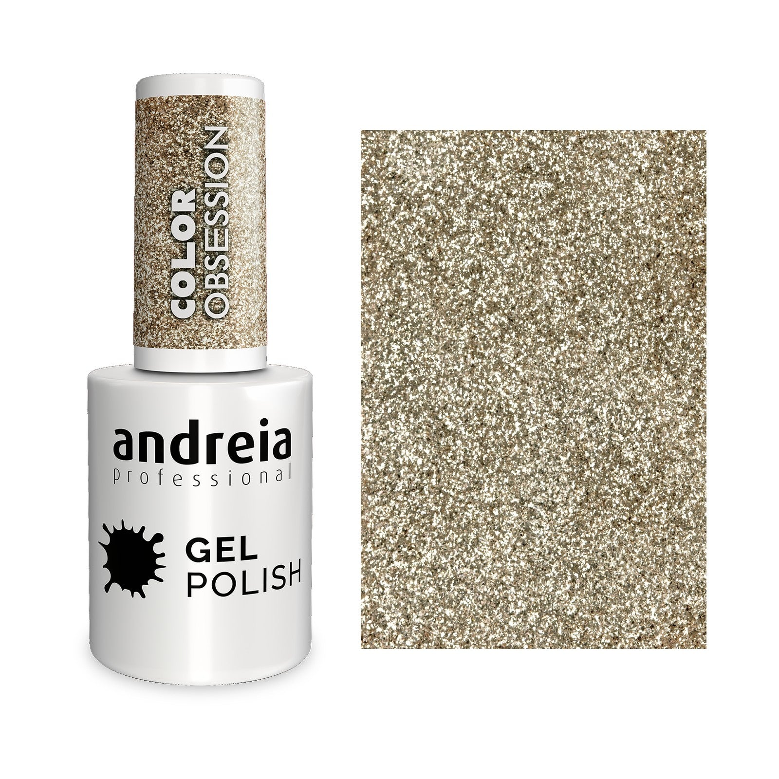 Andreia Gel Polish OB1 Glitter Dourado — frasco e cor