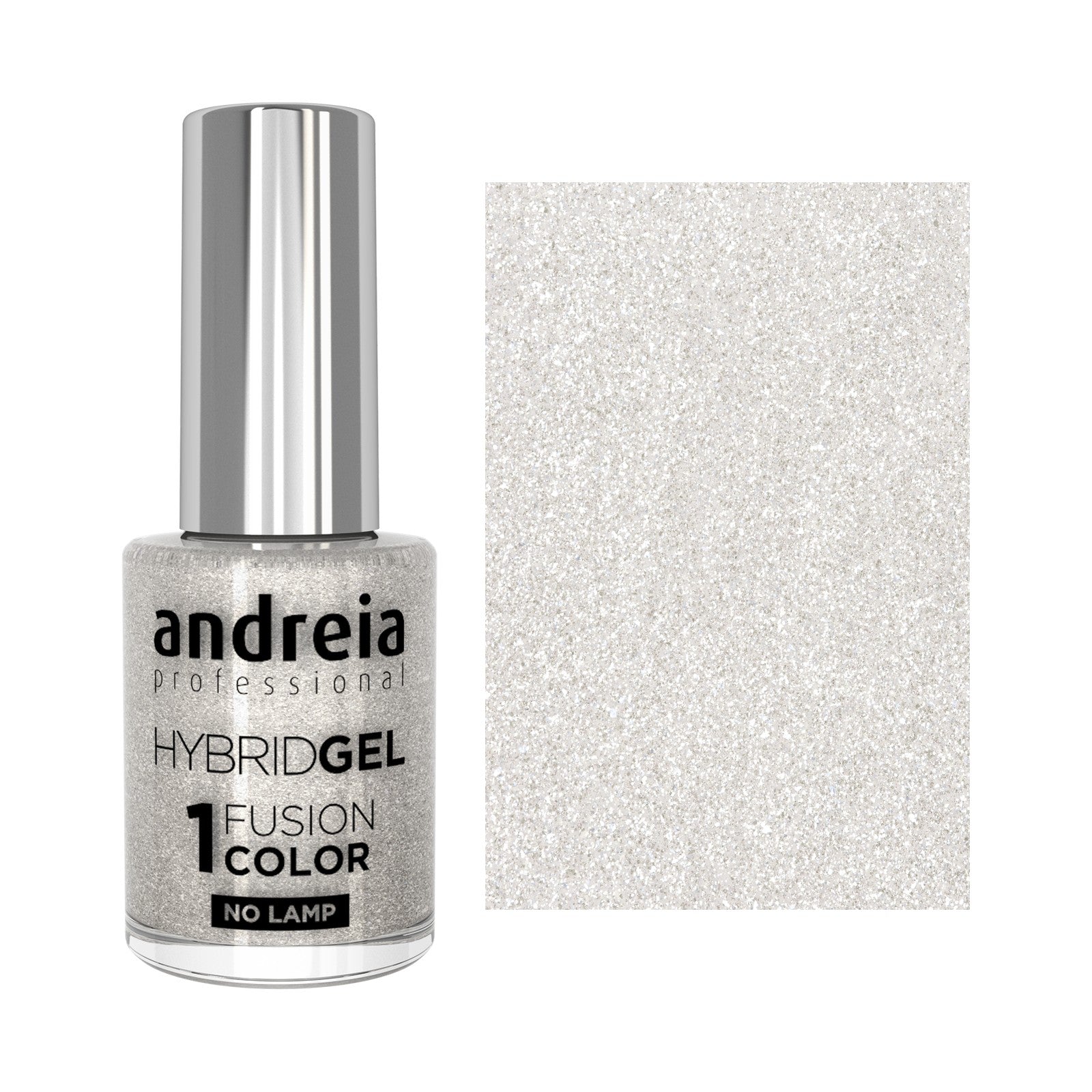 Andreia Hybrid Gel Fusion Color H85 Glitter Branco com Reflexos Prateados — frasco e cor