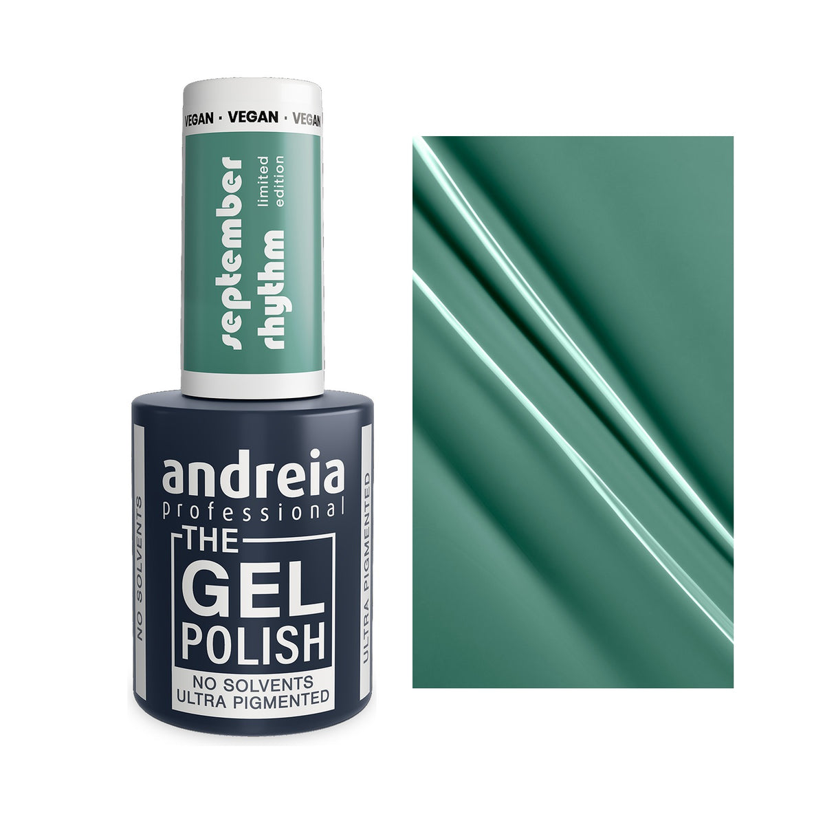 Andreia The Gel Polish SR6 Verde Sálvia, frasco e cor