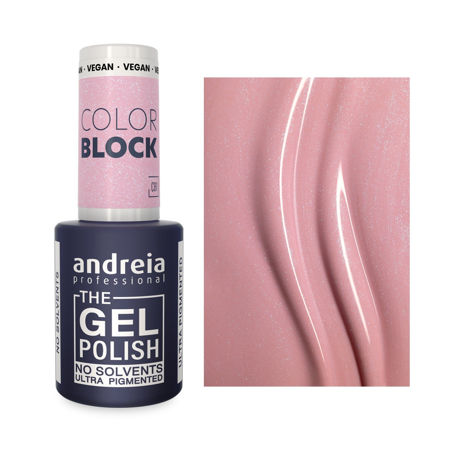 Andreia The Gel Polish CB1 Rosa bebé com shimmer azul — frasco e cor