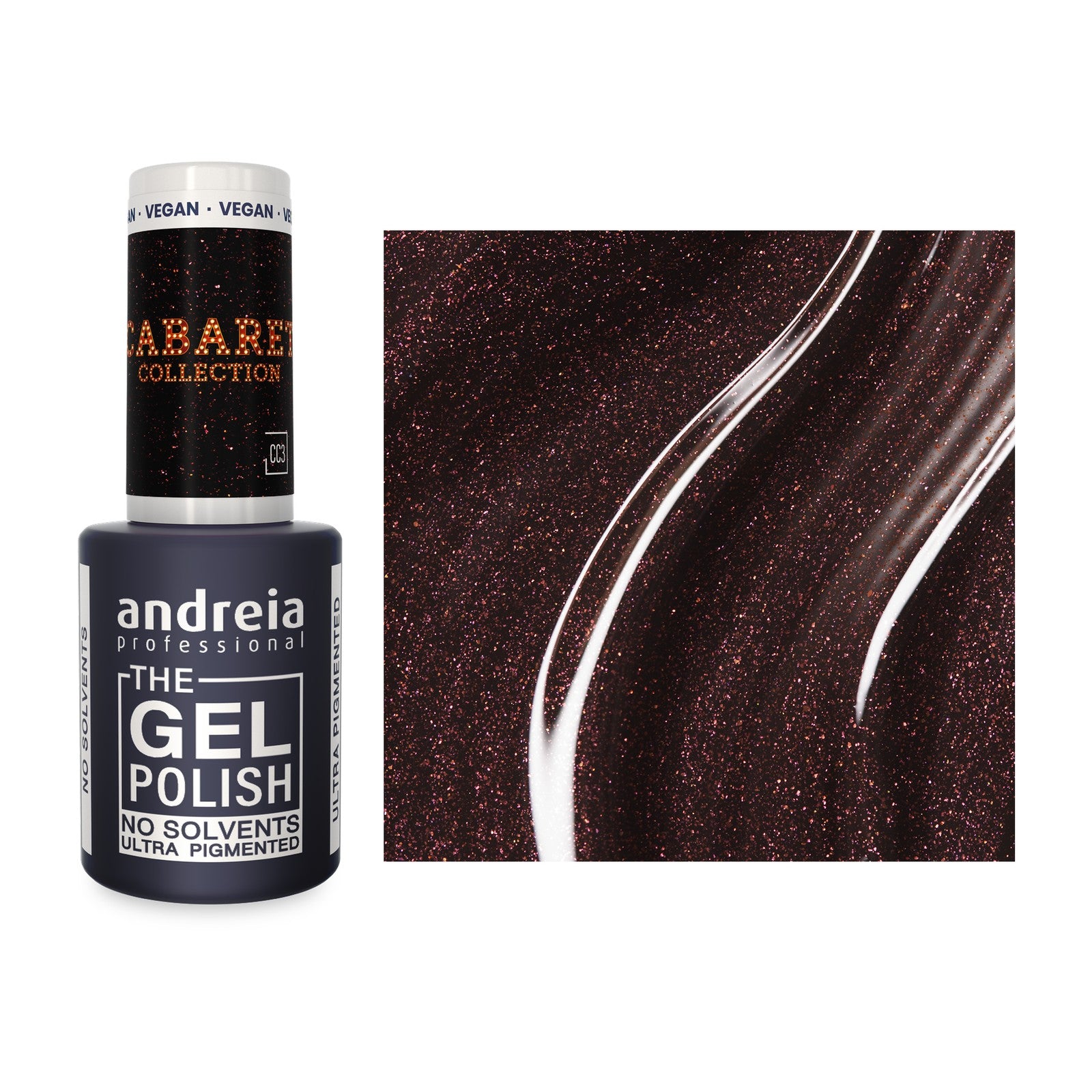 Andreia The Gel Polish CC3 Preto com Brilhos — frasco e cor