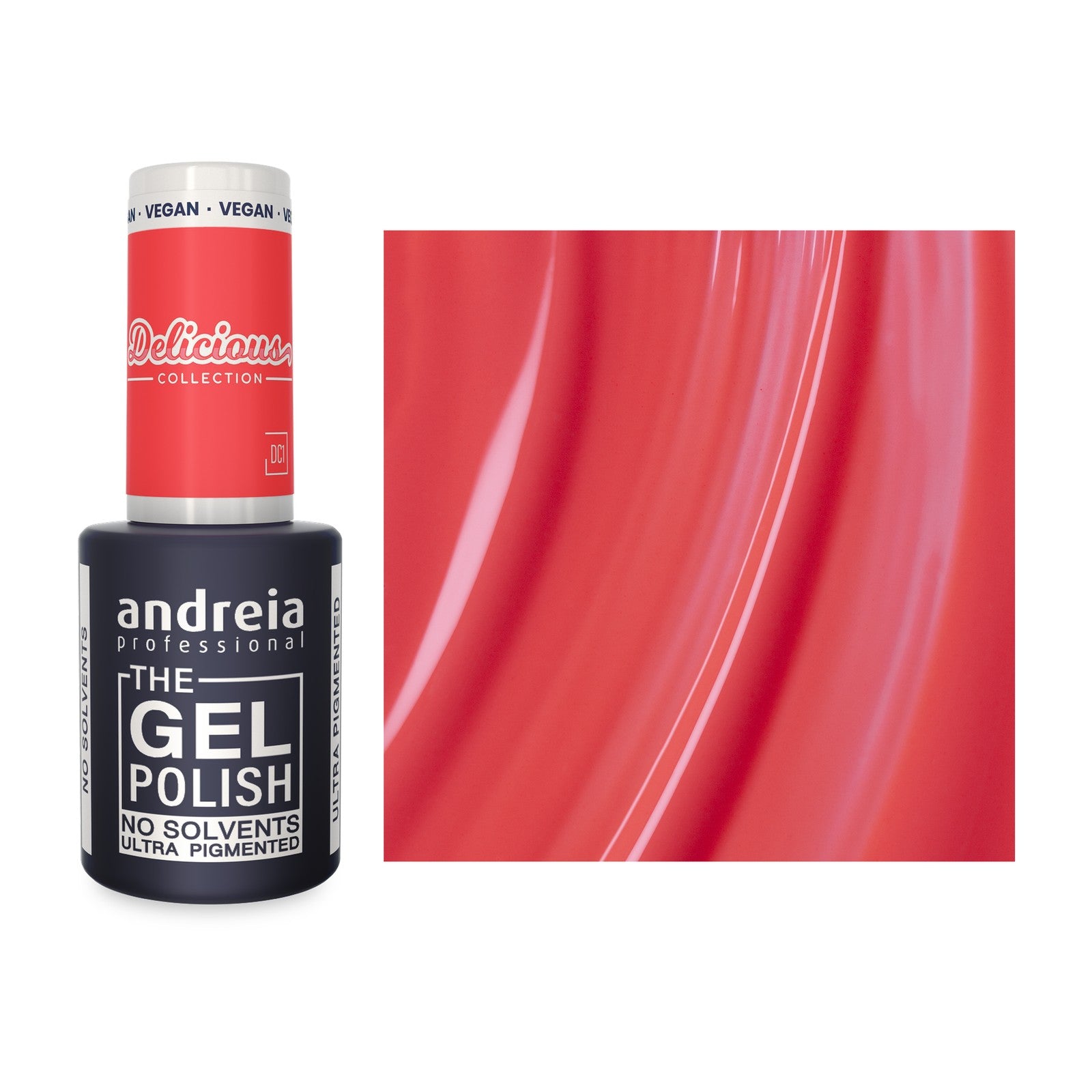 Andreia The Gel Polish DC1 Coral Néon Vivo — frasco e cor
