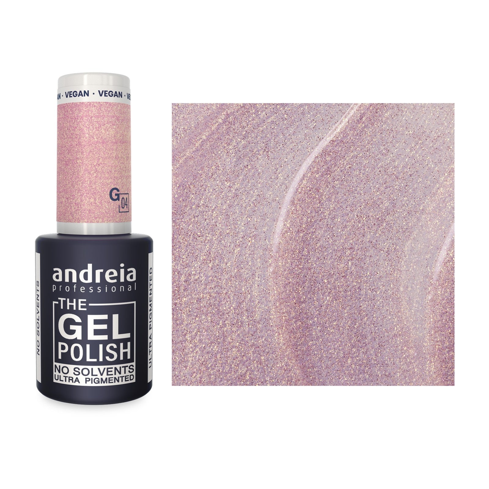 Andreia The Gel Polish G04 Glitter Rosa e Dourado — frasco e cor