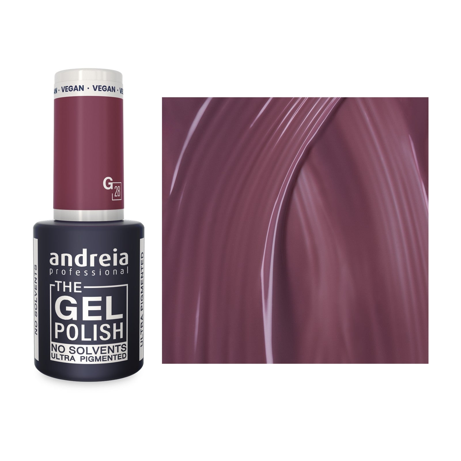 Andreia The Gel Polish G28 Roxo Rosado Vintage — frasco e cor