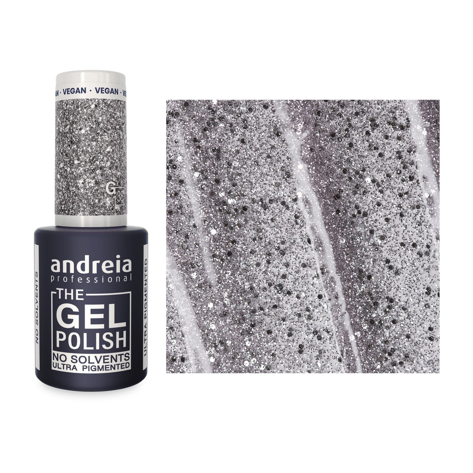 Andreia The Gel Polish G38 Glitter Prateado — frasco e cor