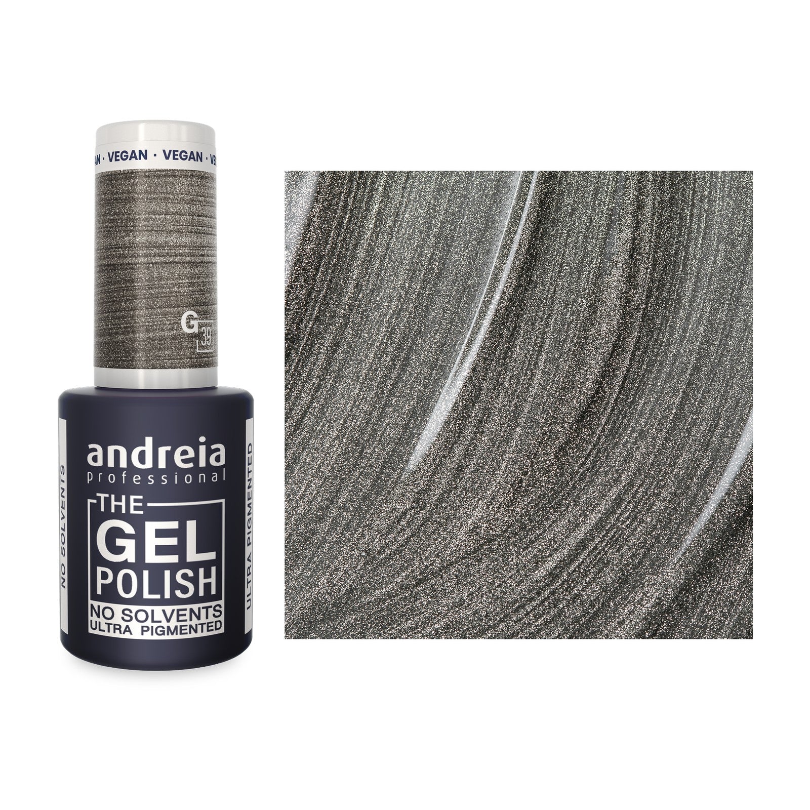 Andreia The Gel Polish G39 Prateado Metalizado — frasco e cor