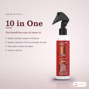 Dona Flora 10 in ONE S.O.S Leave-in: frasco em fundo de estúdio, com o nome da linha e as notas