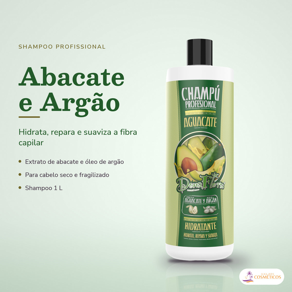 Shampoo Abacate e Argão Dona Flora Hidratante: frasco em fundo de estúdio, com o nome da linha e as notas