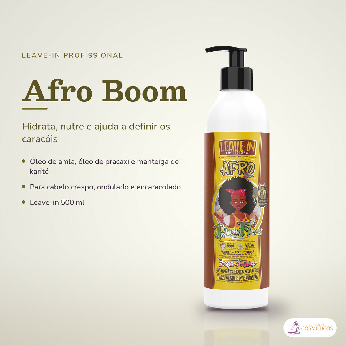 Leave-in Crespos e Encaracolados Afro Boom Dona Flora: frasco em fundo de estúdio, com o nome da linha e as notas