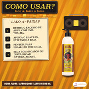 Leave-in Crespos e Encaracolados Afro Boom Dona Flora: cartão Lado A com quatro passos numerados, da toalha ao secador