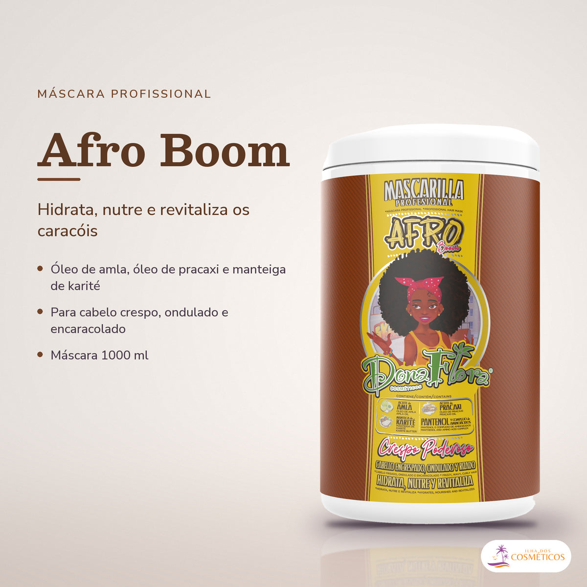 Máscara Crespos e Encaracolados Afro Boom Dona Flora: pote em fundo de estúdio, com o nome da linha e as notas
