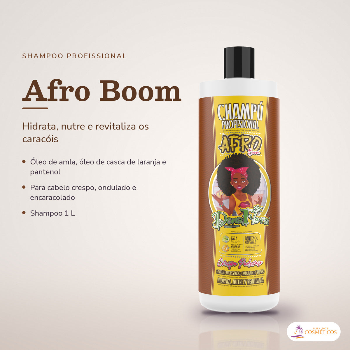 Shampoo Crespos e Encaracolados Afro Boom Dona Flora: frasco em fundo de estúdio, com o nome da linha e as notas
