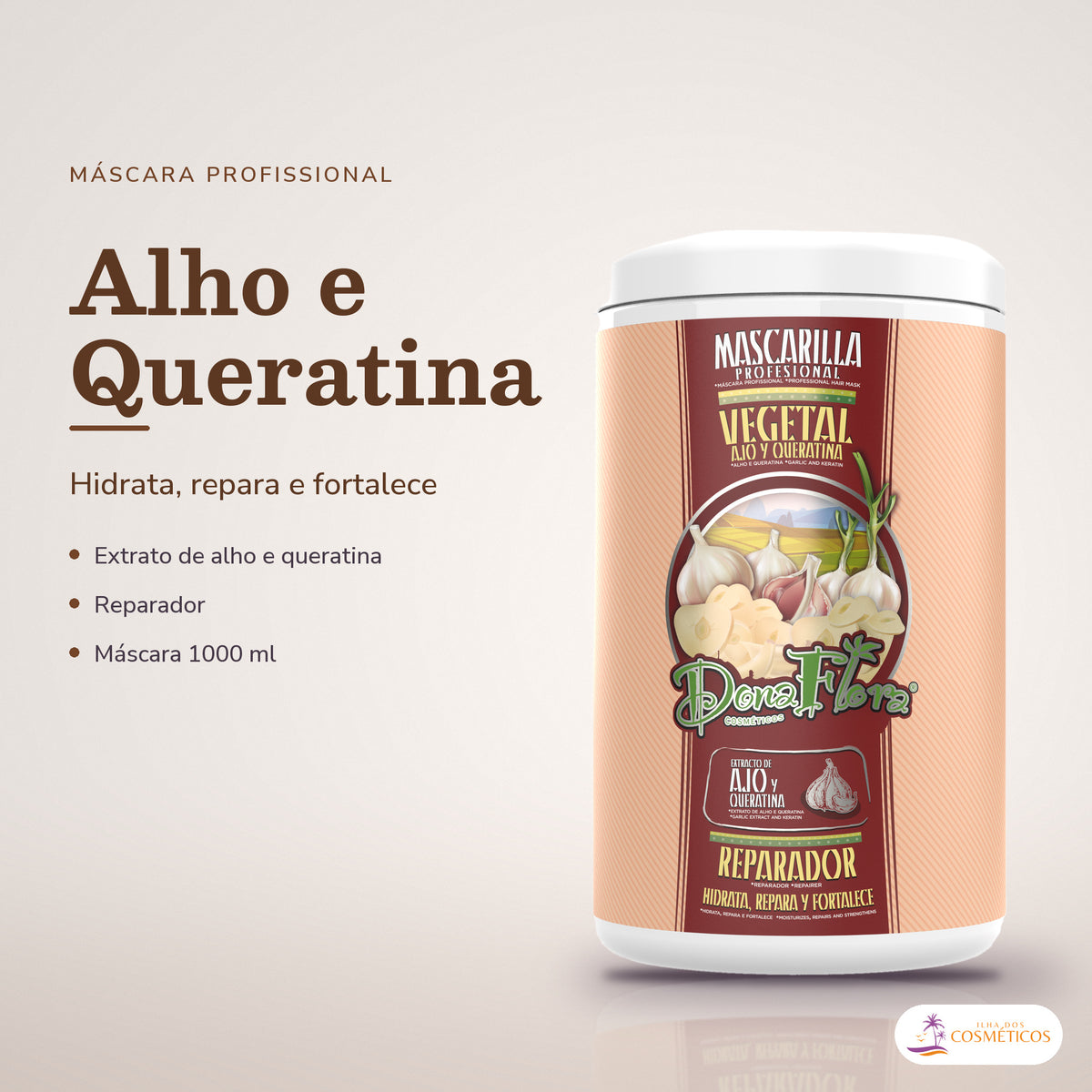 Máscara de Alho e Queratina Dona Flora Reparadora: pote em fundo de estúdio, com o nome da linha e as notas