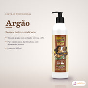 Leave-in de Argão Dona Flora Proteção Térmica e UV: frasco em fundo de estúdio, com o nome da linha e as notas