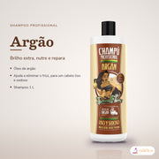 Shampoo de Argão Dona Flora Nutre e Repara: frasco em fundo de estúdio, com o nome da linha e as notas