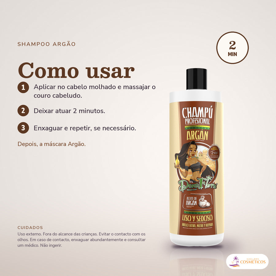 Shampoo de Argão Dona Flora Nutre e Repara: passos numerados de como usar e os cuidados no fundo