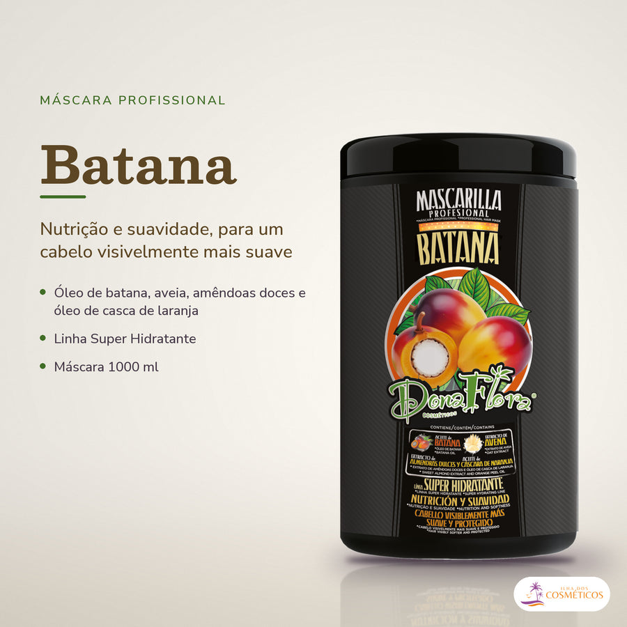 Máscara Batana Dona Flora Nutrição e Suavidade: pote em fundo de estúdio, com o nome da linha e as notas