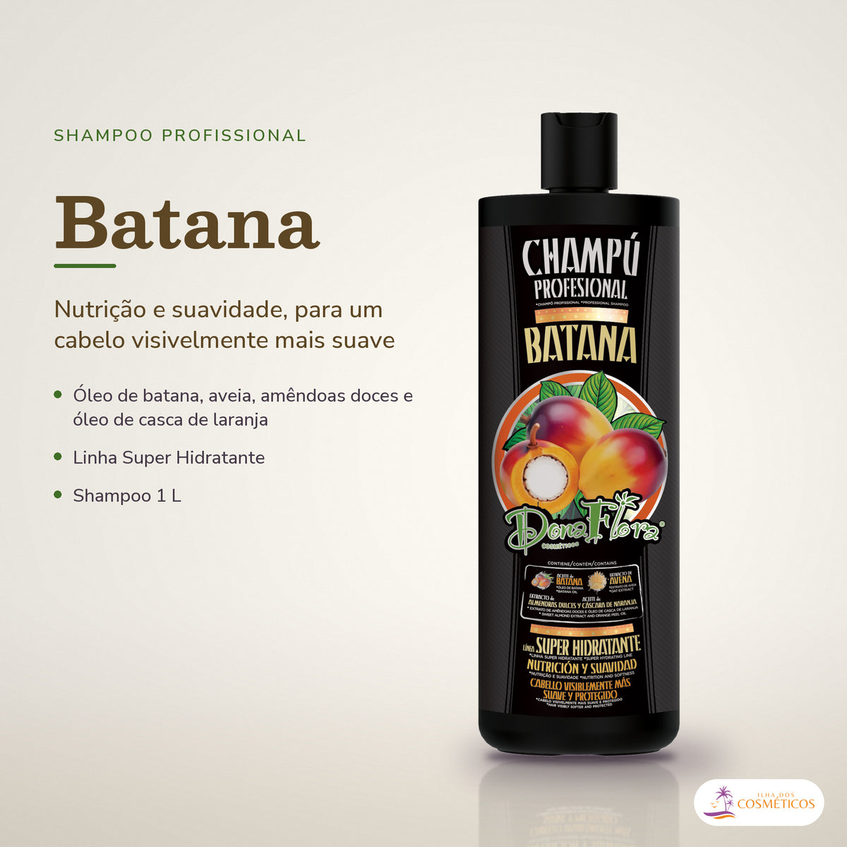 Shampoo Batana Dona Flora Nutrição e Suavidade: frasco em fundo de estúdio, com o nome da linha e as notas