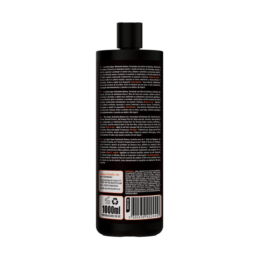 Dona Flora Batana Shampoo Nutrição e Suavidade 1L: o verso da embalagem, com o texto do rótulo