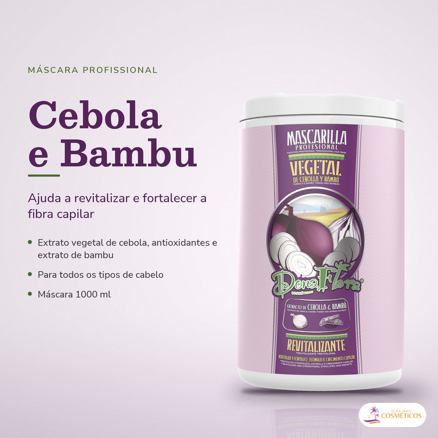 Máscara de Cebola e Bambu Dona Flora Revitalizante: pote de 1000 ml em fundo lilás, com letras serifadas e três notas