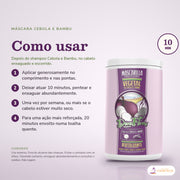 Máscara de Cebola e Bambu Dona Flora Revitalizante: quatro passos numerados, círculo de 10 MIN e os cuidados no fundo