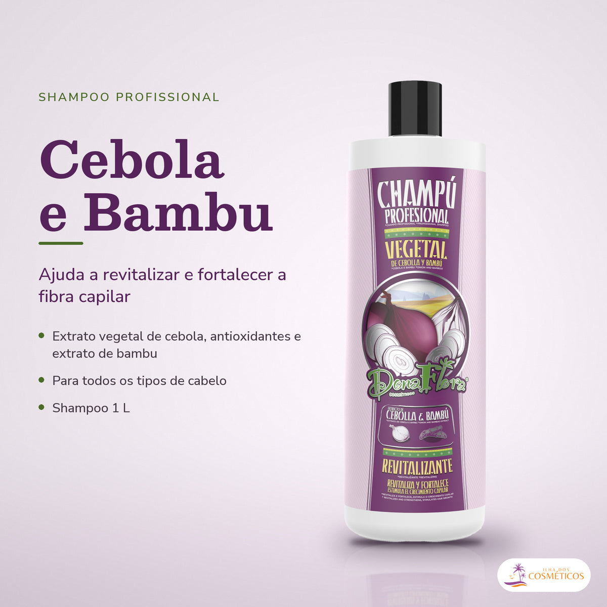 Shampoo de Cebola e Bambu Dona Flora Revitalizante: frasco de 1 L em fundo lilás, com letras serifadas e três notas