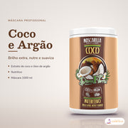 Máscara Coco e Argão Dona Flora Nutritiva: pote em fundo de estúdio, com o nome da linha e as notas