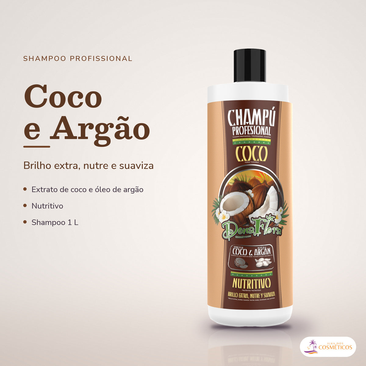 Shampoo Coco e Argão Dona Flora Nutritivo: frasco em fundo de estúdio, com o nome da linha e as notas