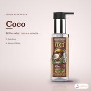 Sérum de Coco Dona Flora Reparador: frasco em fundo de estúdio, com o nome da linha e as notas