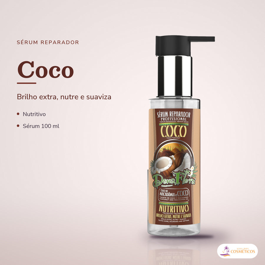 Sérum de Coco Dona Flora Reparador: frasco em fundo de estúdio, com o nome da linha e as notas