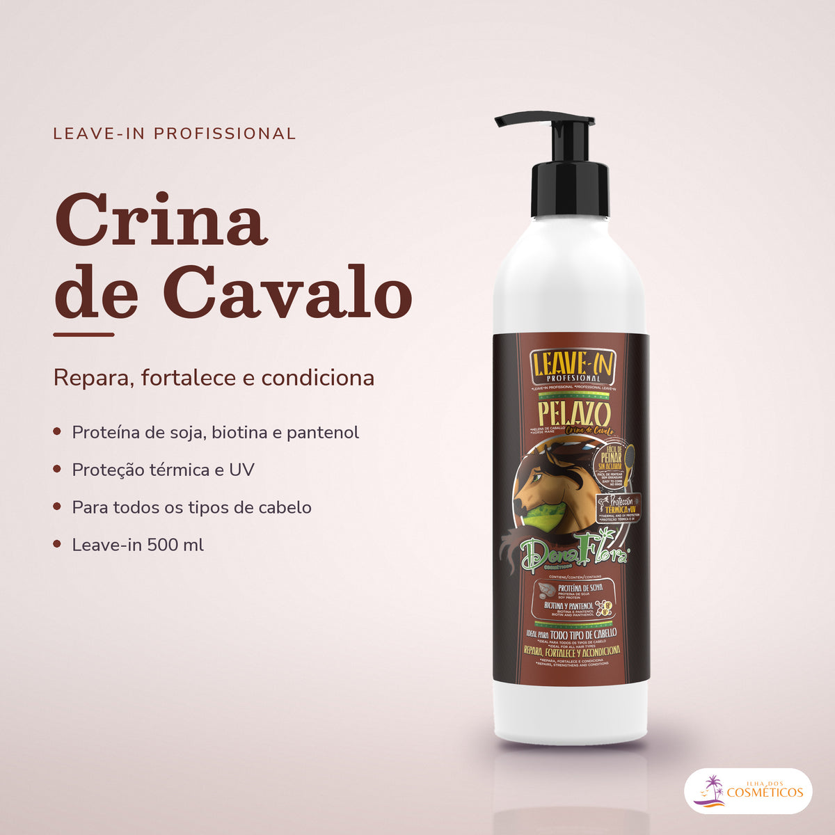 Leave-in Crina de Cavalo Dona Flora Proteção Térmica: frasco em fundo de estúdio, com o nome da linha e as notas