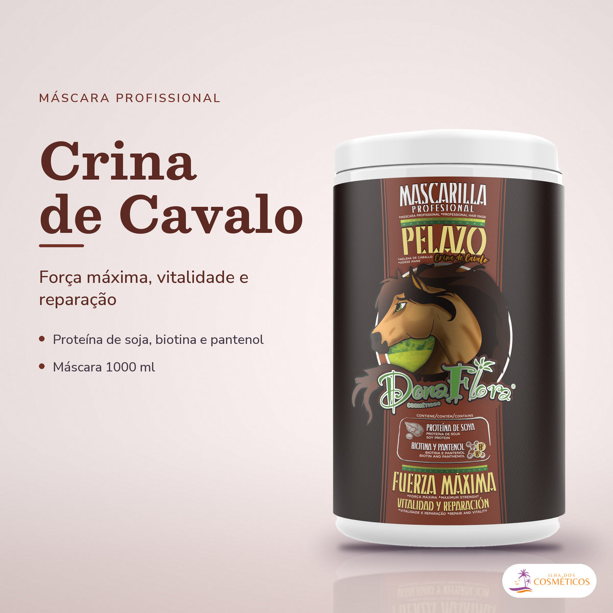 Máscara Crina de Cavalo Dona Flora com Biotina: pote em fundo de estúdio, com o nome da linha e as notas