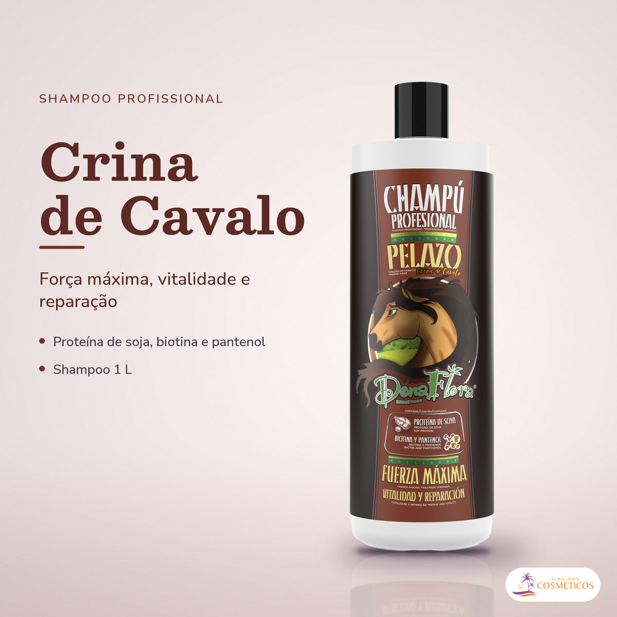 Shampoo Crina de Cavalo Dona Flora Força Máxima: frasco em fundo de estúdio, com o nome da linha e as notas