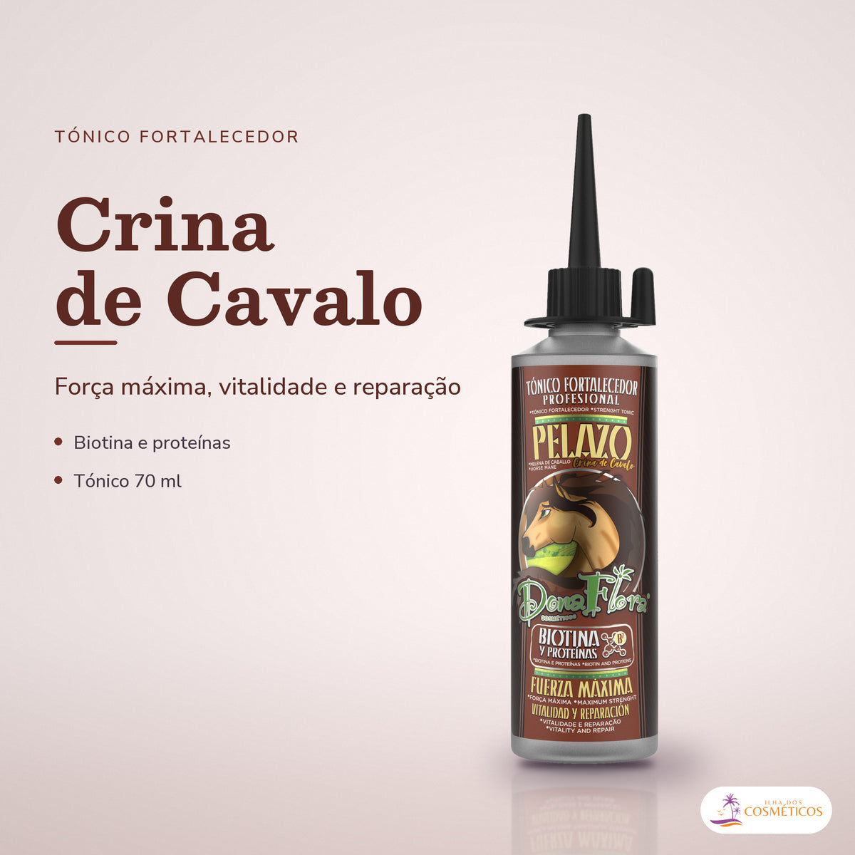Tónico Crina de Cavalo Dona Flora Fortalecedor: frasco em fundo de estúdio, com o nome da linha e as notas