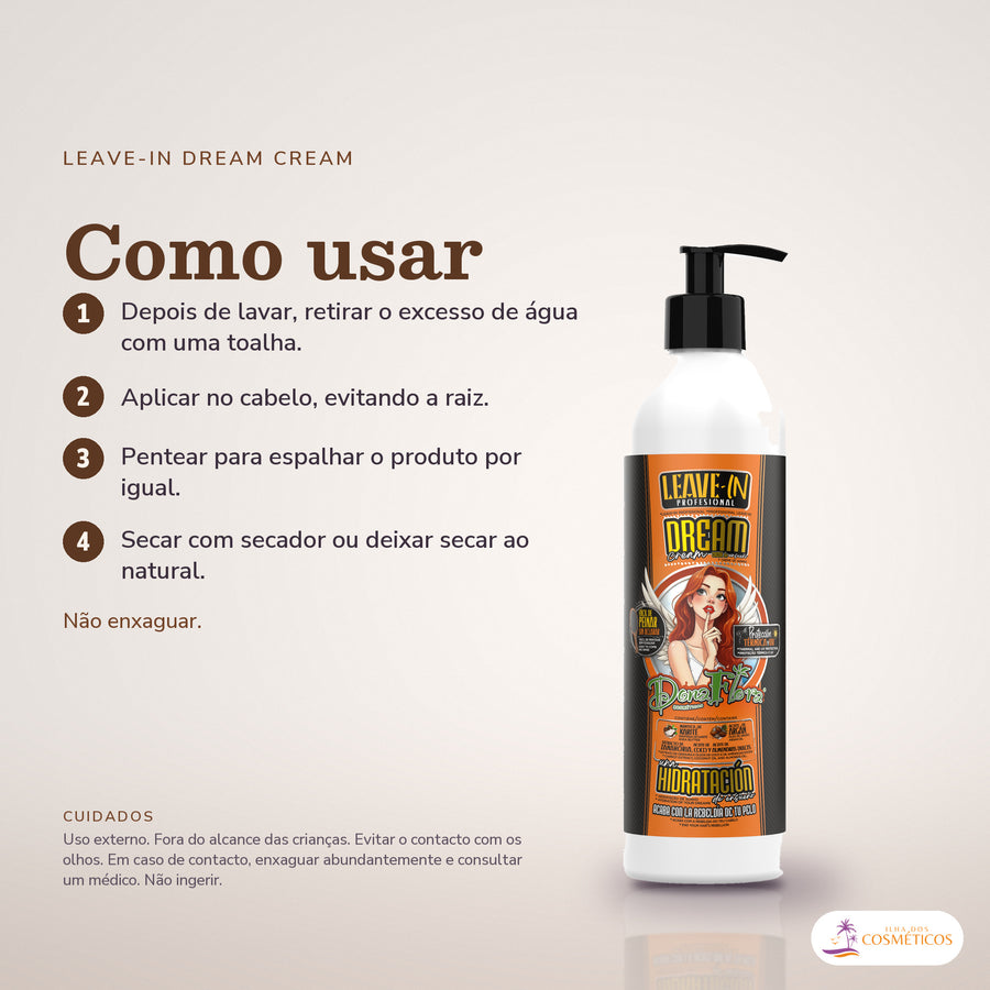 Leave-in Dream Cream Dona Flora Hidratante com Karité: passos numerados de como usar e os cuidados no fundo