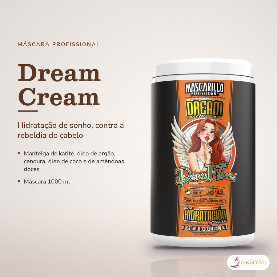 Máscara Dream Cream Dona Flora Hidratante com Karité: pote em fundo de estúdio, com o nome da linha e as notas