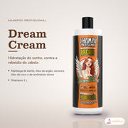 Shampoo Dream Cream Dona Flora Hidratante com Karité: frasco em fundo de estúdio, com o nome da linha e as notas