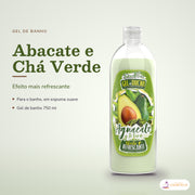 Gel de Banho Abacate Chá Verde Dona Flora: frasco em fundo de estúdio, com o nome da linha e as notas