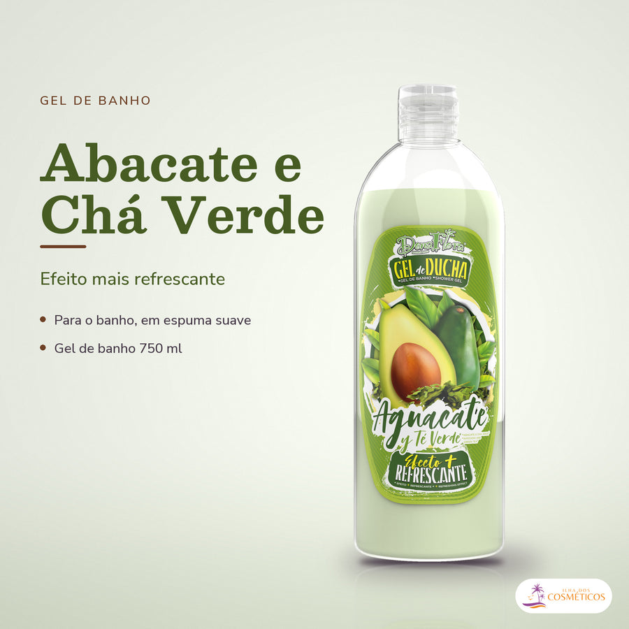 Gel de Banho Abacate Chá Verde Dona Flora: frasco em fundo de estúdio, com o nome da linha e as notas