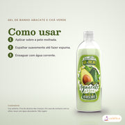 Gel de Banho Abacate Chá Verde Dona Flora: passos numerados de como usar e os cuidados no fundo