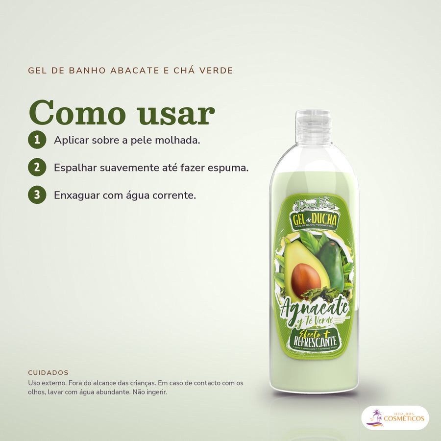 Gel de Banho Abacate Chá Verde Dona Flora: passos numerados de como usar e os cuidados no fundo