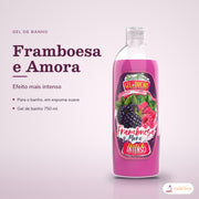 Gel de Banho Framboesa e Amora Dona Flora: frasco em fundo de estúdio, com o nome da linha e as notas