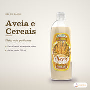 Gel de Banho Aveia e Cereais Dona Flora: frasco em fundo de estúdio, com o nome da linha e as notas