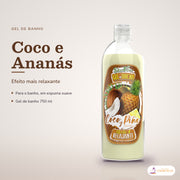 Gel de Banho Coco e Ananás Dona Flora: frasco em fundo de estúdio, com o nome da linha e as notas