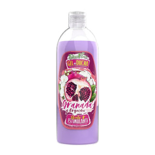 Dona Flora Gel de Banho Romã e Orquídea: gel lilás em frasco transparente, com a romã aberta na etiqueta