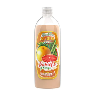 Dona Flora Gel de Banho Toranja e Bambu: frente do frasco, de gel pêssego claro e etiqueta laranja e amarela