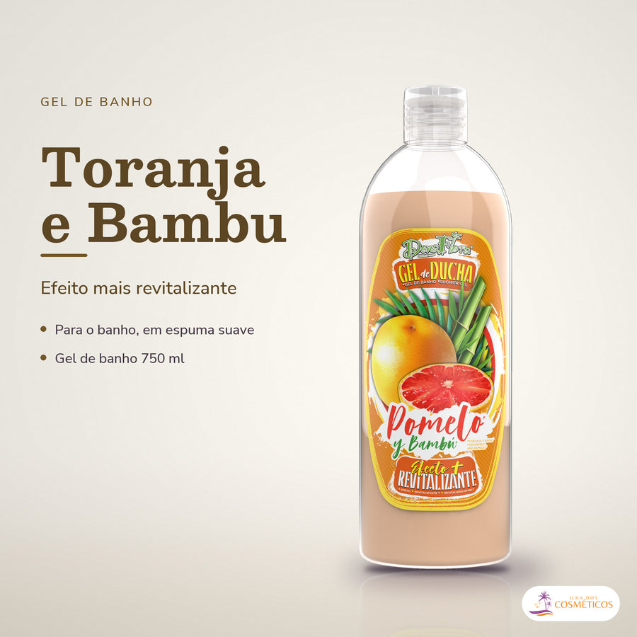 Gel de Banho Toranja e Bambu Dona Flora: frasco em fundo de estúdio, com o nome da linha e as notas