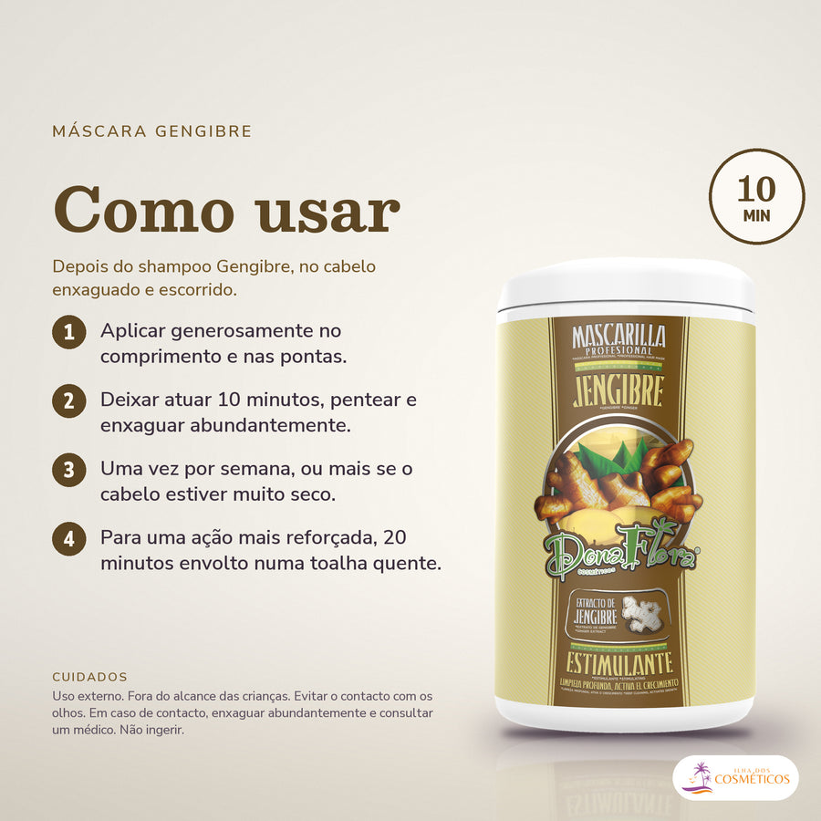 Máscara de Gengibre Dona Flora Ajuda no Crescimento: passos numerados de como usar e os cuidados no fundo