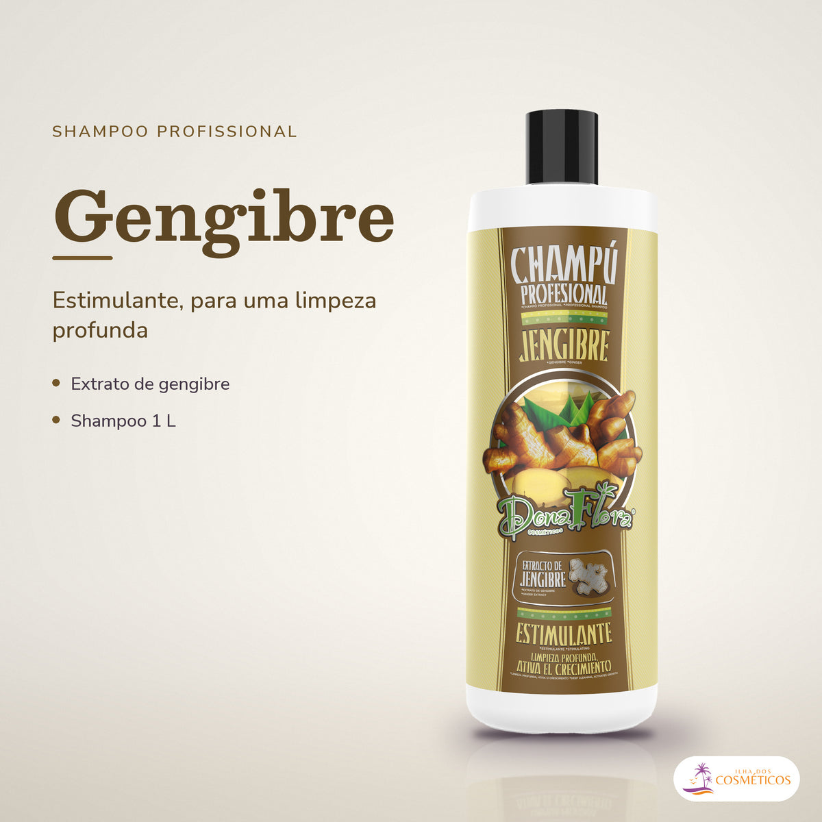 Shampoo de Gengibre Dona Flora Ajuda no Crescimento: frasco em fundo de estúdio, com o nome da linha e as notas
